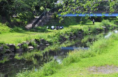 野川の河川敷で食事をする人の画像