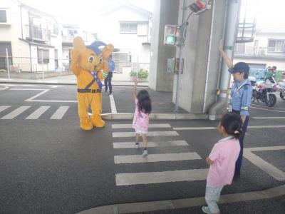 警察官の案内のもと歩行訓練で子どもが横断歩道を渡る様子