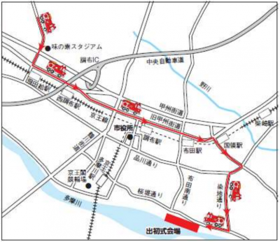 出初式消防ポンプ車パレード順路の地図画像