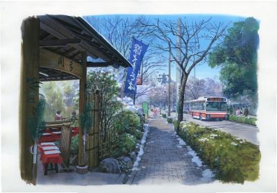 小田急バスと深大寺風景画の画像